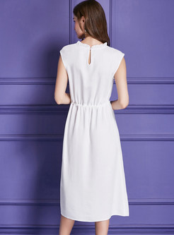 White Gathered Waist Midi Dress