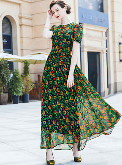 Dresses | Maxi Dresses | Green Floral Print Slim Chiffon Dress