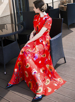 Red Print Waist Short Sleeve Chiffon Dress