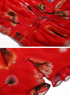 Red Print Waist Short Sleeve Chiffon Dress