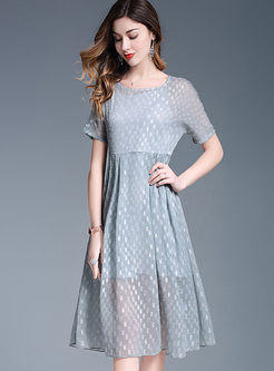 Blue Dot Print Casual Pleated Dress