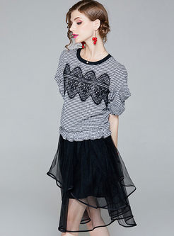 Casual Puff Sleeve T-shirt & Gauze Asymmetric Skirt