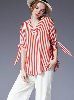 Red Casual Striped Bowknot Plus Size Blouse