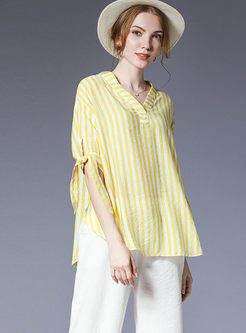 Yellow Casual Striped Bowknot Plus Size Blouse