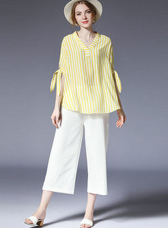 Yellow Casual Striped Bowknot Plus Size Blouse