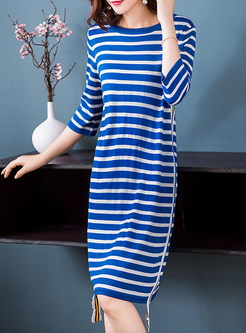 Blue Casual Striped T-shirt Dress