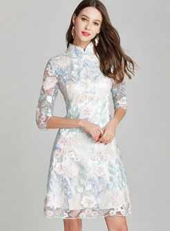 Mandarin Collar Mesh Embroidered A Line Dress