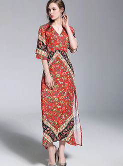Bohemia Floral Print V-neck Split Maxi Dress