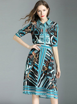 Street Print Lapel Half Sleeve Two-piece Outfits