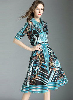 Street Print Lapel Half Sleeve Two-piece Outfits