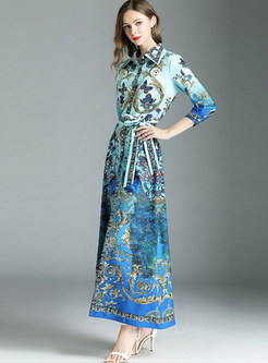 Fashion Lapel Print Belted Split Maxi Dress
