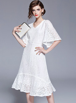 White Lace Flare Sleeve Asymmetric Mermaid Dress