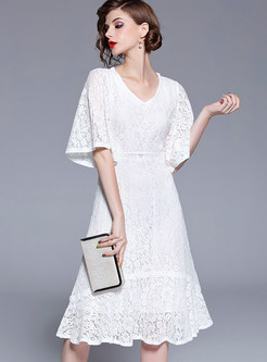 White Lace Flare Sleeve Asymmetric Mermaid Dress