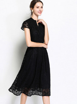 Vintage Stand Collar Lace A Line Midi Dress