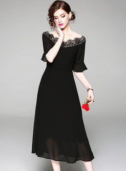Black Lace V-neck Flare Sleeve A Line Dress