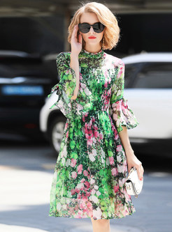 Bohemia Floral Print Perspective Flare Sleeve A Line Dress