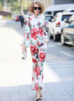 Chic Flower Print Flare Sleeve Two-piece Outfits