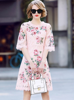 Pink Embroidery Lace O-neck A Line Dress