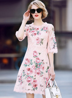 Pink Embroidery Lace O-neck A Line Dress