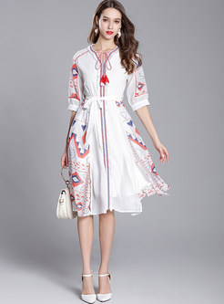 Ethnic Tied Embroidery Print Tassel A Line Midi Dress