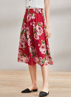 Fashion Red Print Pleated A Line Skirt