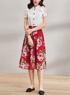 Fashion Red Print Pleated A Line Skirt