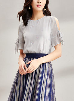Grey Chiffon Embroidery Off The Shoulder Blouse