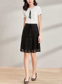 Black Lace Hollow Out Tied Skirt