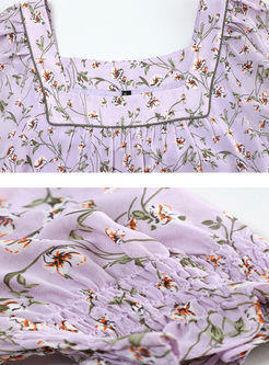 Chiffon Square Collar Floral Print Blouse
