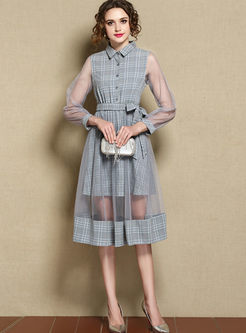 Grey Lapel Checkered Mesh Stitching Tied Dress