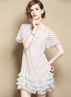 White Casual Dot Print Layered Shift Dress