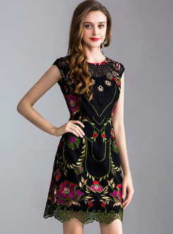 Black Sleeveless Embroidery A Line Dress