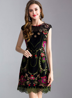 Black Sleeveless Embroidery A Line Dress