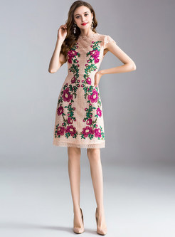 Hollow Out Flower Embroidery A Line Dress