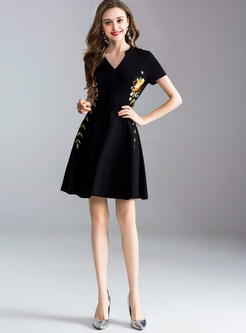 Black Brief Embroidery V-neck A Line Dress