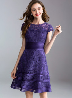 Purple Short Sleeve Embroidery A Line Dress