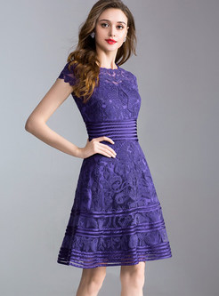 Purple Short Sleeve Embroidery A Line Dress