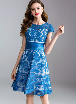 Blue Party Embroidery Waist A Line Dress