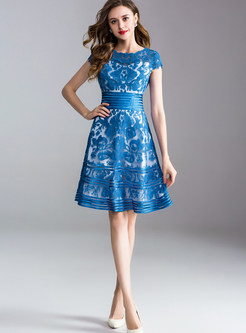Blue Party Embroidery Waist A Line Dress