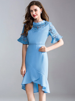 Blue Lace Flare Sleeve Mermaid Dress