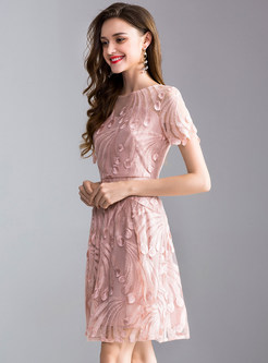 Pink Slim Embroidery A Line Dress