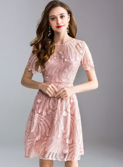 Pink Slim Embroidery A Line Dress