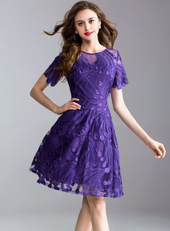 Purple Perspective Embroidery A Line Dress
