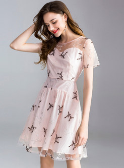 Pink Gauze Embroidery A Line Dress