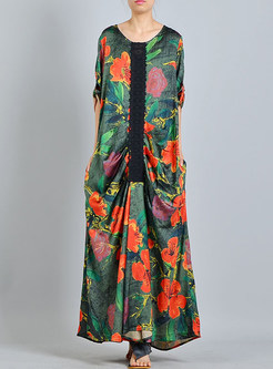 Silk Flower Print Splicing Maxi Dress
