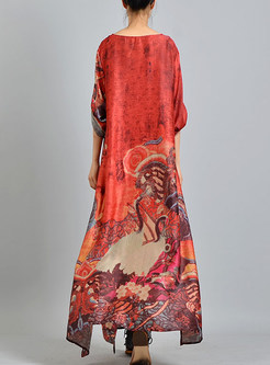 Red Vintage Print Loose Silk Maxi Dress