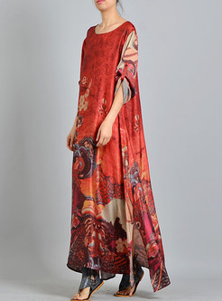 Red Vintage Print Loose Silk Maxi Dress