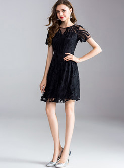 Black Short Sleeve Embroidery A Line Dress