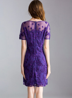 Purple Gauze Perspective Embroidery Bodycon Dress