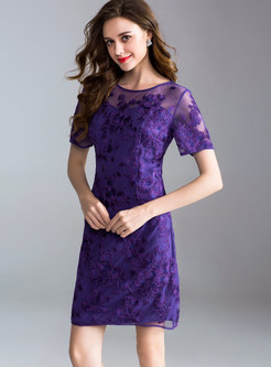Purple Gauze Perspective Embroidery Bodycon Dress